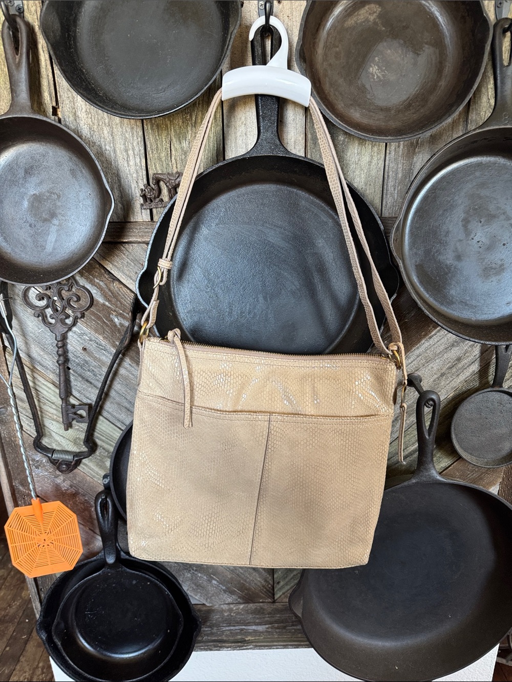 Beige Textured Shoulder Bag with Adjustable Strap